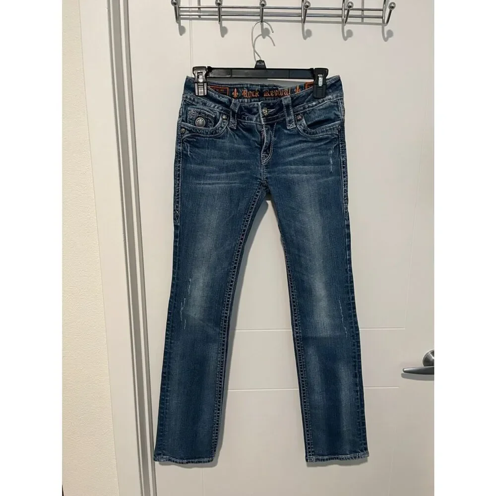 Rock Revival Tori Straight Blue Factory Distressed Denim Jeans Western Rodeo